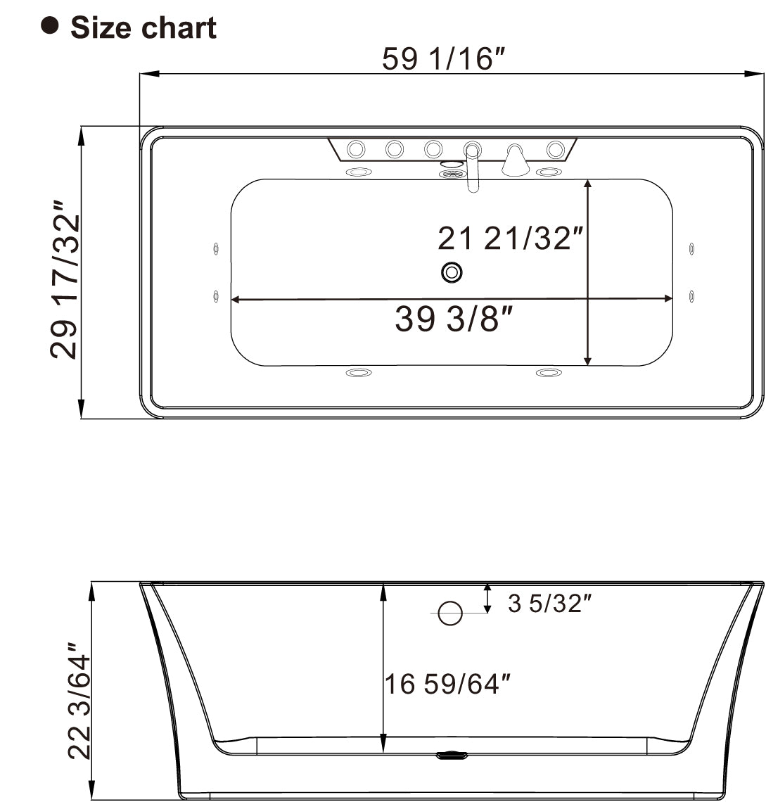 Empava-59AIS15 whirlpool acrylic freestanding hydromassage rectangular bathtub product size