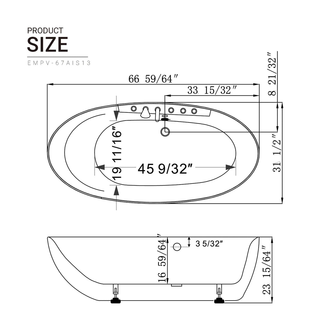 Empava-67AIS13 whirlpool acrylic freestanding oval single-ended bathtub product size