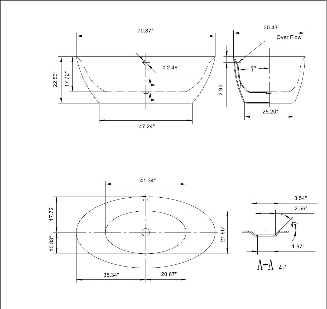 71" Freestanding Soaking Tub with Center Drain ibathtub