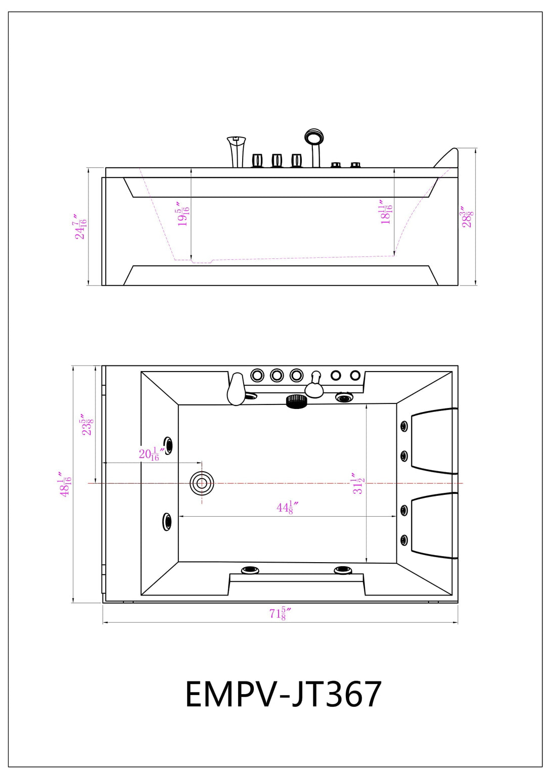 Empava-72JT367LED whirlpool Acrylic 2-person rectangular bathtub product size